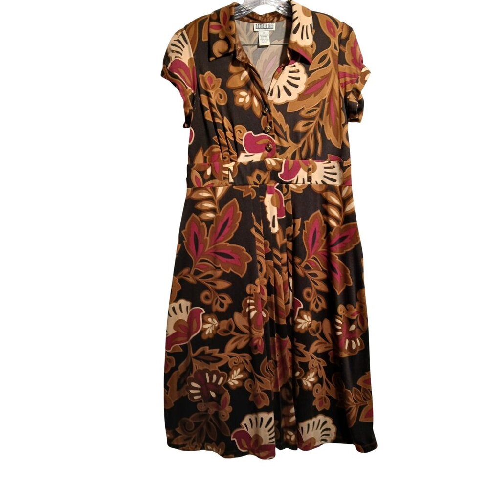 Vintage Robbie Bee Womens Brown Floral Short Sleeve Dress Size 14 Collar